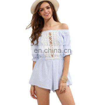 New style special offer blue stripped off the shoulder lace mid rompers jumpsuits