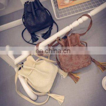 New Lady Faux Leather Tassel Drawstring Hobo Bag Messenger Shoulder Bag Tote