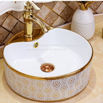 Bathroom ceramic luxury round basin countertop gold color art wash hand sink with single hole