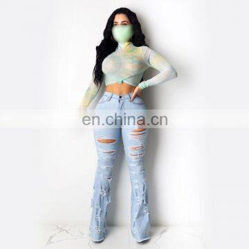 LAITE TR2012 Wholesales Custom New Fashion Broken Hole Straight Edge Women Casual Flare Jeans photo-2