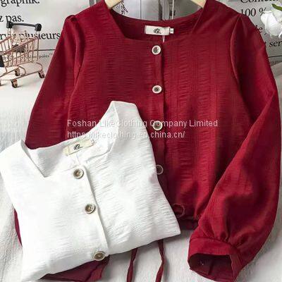 Spring/autumn 2021 Chiffon Shirt Women's French Clavicle Square Collar Top Western Style Short Waistline Long Sleeve Bottom Shirt