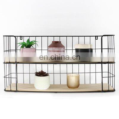 Cheap Large Capacity Wood and Metal Wire Corner Storage Wall Shelf Bracket