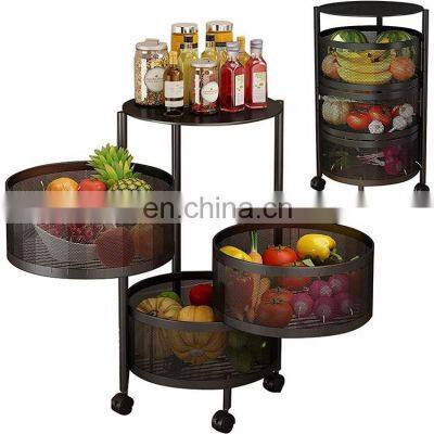 Round Rotating 3-Tier Stainless Steel Kitchen Storage Rack Fruit Vegetable Storage Basket  Utility Trolley Cart