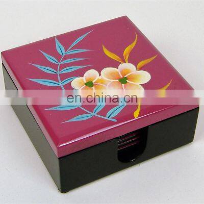 Asian Artisans Pink Palm Leaf Wooden Lacquer Coaster Set Custom Design Drink Cup Coaster Set For Table Decor Wholesale photo-2