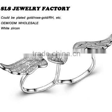 Rhodium Plated Rings Prong Set CZ 925 sterling silver double finger Angel wings rings