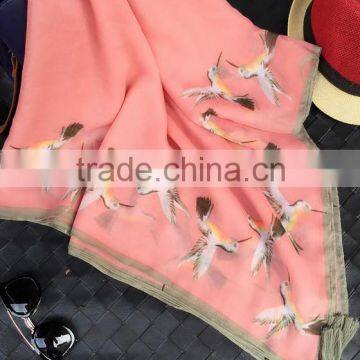 Fashion Beautiful Bird Print Large Thin Plain Cotton Square Scarf With Tassels photo-3