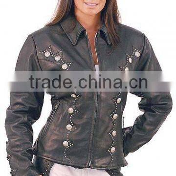 2015 New fashion Western Leather Jacket with Conchos and Studs for womens