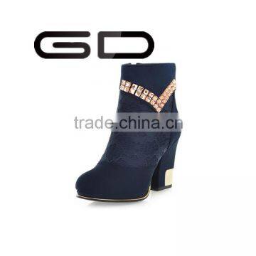 GD fashion crystal decoration comfortable stable thick heel booties shoes for women