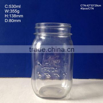 wholesale 500ml 16oz embossed glass mason jar with screw top