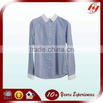 Hot Sale Elegant Lady 100% Cotton Bead Long Sleeve Blue Blouse Pattern