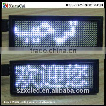 White color Worldwide language 12X38W 5V USB + Rechargeable battery mini LED display/LED name card/LED tag /Led badge