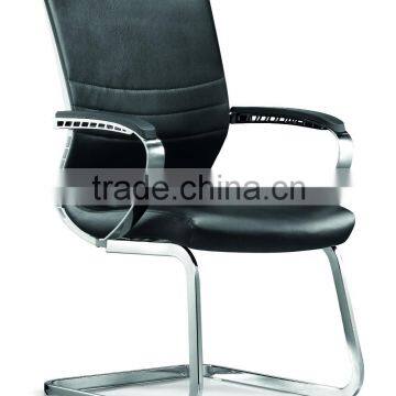 Armrest black leather guest chair with metal base / reception visitor chair