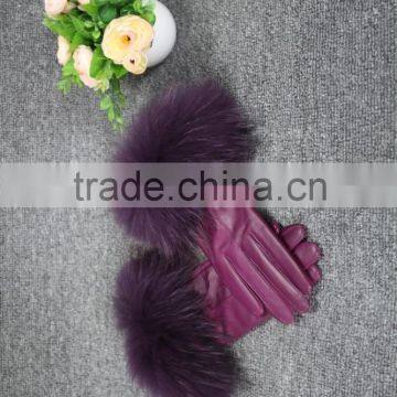 Fashion lady leather glove fur cuff glove fox leather glove hot sale