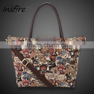 2016 Promotion Leisure bear print canvas women shopping handbag