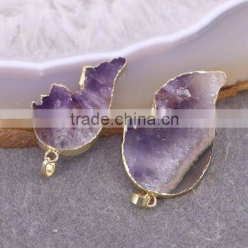 Natural Amethyst Pendant, Wings Shape Gold Plated Edged Drusy Amethyst Gem Stone Pendant, Druzy Pendant
