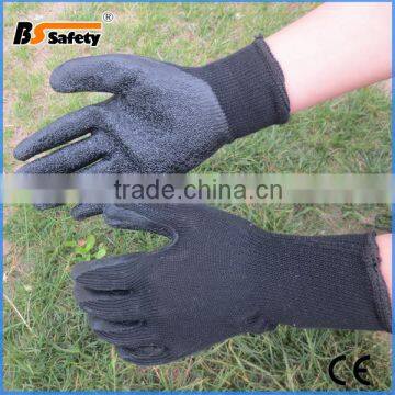 BSSAFETY Black latex coated crinkle finished string knit working gloves