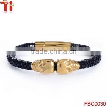 gold jewelry sets 24k genuine stingray leather bracelet men's magnetic skull gold plated 316l stainless steel bracelet