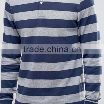 New Design Long Sleeve Button Placket Ribbed Cuffs Blue Stripe Men's 100% Cotton Breathable Pique 200g Blank Casual Polo T-Shirt photo-3