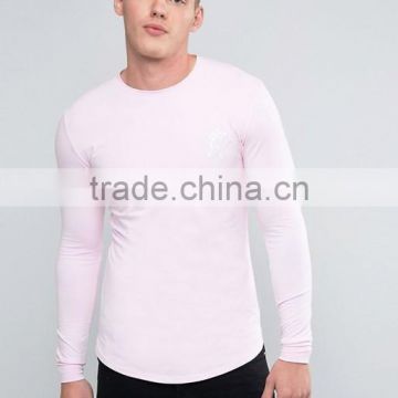 Hot Sale Men's Long Sleeve Longline T-Shirt 96% Cotton 4% Elastane Long Drop Curved Hem T Shirt Muscle Fit Gym T Shirt