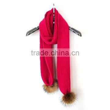 Myfur Knitted Long Winter Scarf with Two Real Raccoon Fur Pompoms