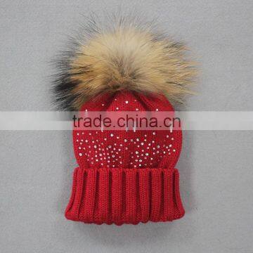 Myfur Chinese Manufacturer Woolen Hat for Kids With Detachable Raccoon Fur Pompom