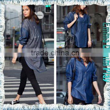 Long Sleeve Patches Longline Jean Shirts for Ladies photo-5