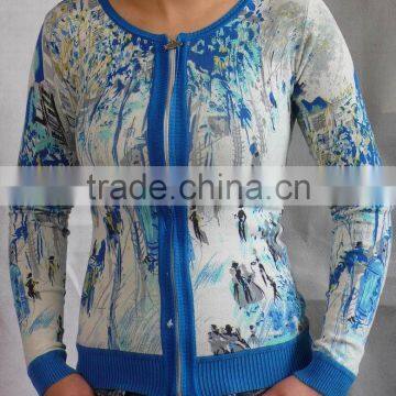 ladies round-neck garment,zipper cardigan,print sweater