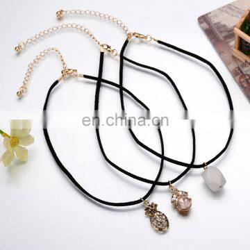 New arrivals natural stone hollow pineapple and opal stone pendant choker necklace black suede choker jewelry