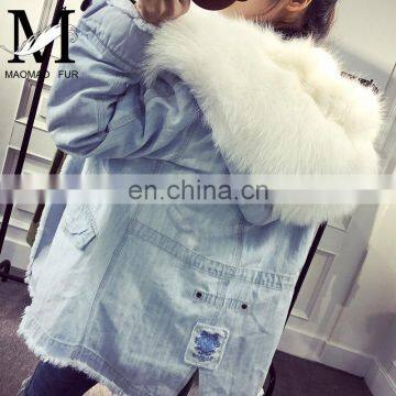 Custom High Fashion Lady Autumn and Winter Cheap Genuine Raccoon Fur Lining Women Jean Coat photo-6