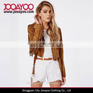 Women Trench Jacket Vintage Style Tan Fringe Faux Suede Biker / Moto Jacket