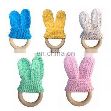 Knitted Rabbit Ear Baby Wood Teether Newborn Handmade Teether Toys