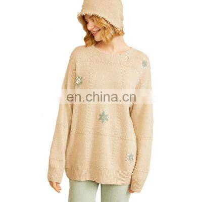 Women Crew Neck Winter Thick Cashmere Custom Embroidered Sweater