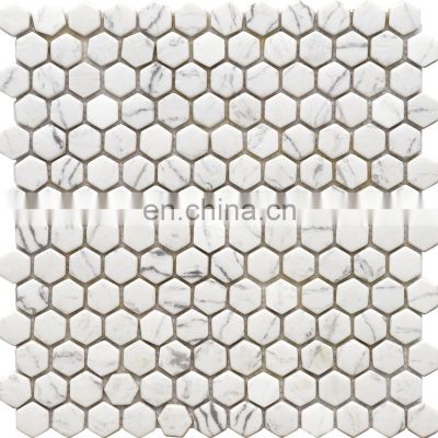 Hexagon Full Body cararra marble design Glass Mosaic Pure Color Mosaic Tile for Wall Decoration mosaic tile