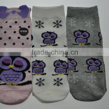 Girls comic ankle socks. 3 - Pack. Owl Design 3D Rib Cuff