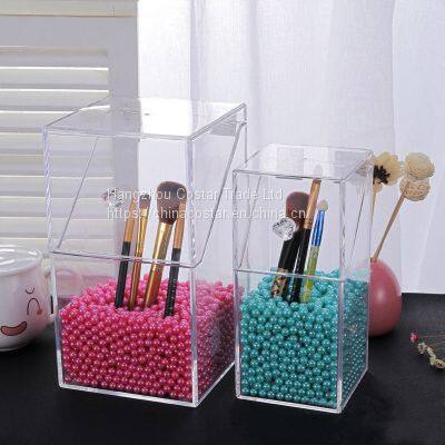 Covered Makeup Brush Holder with Dustproof Lid, Pearls Beads, Large Capacity Acrylic Clear Cosmetic Brush Storage Organizer for Vanity