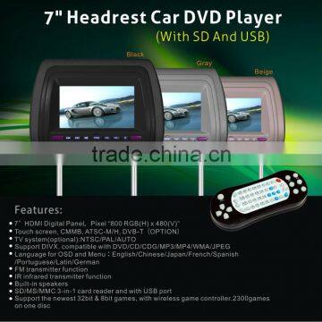 Touch screen 7" HD Digital Screen Car Headrest Monitor + DVD/USB/SD Player