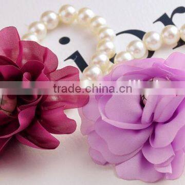 Latest decorative pearls cloth red flower girls goody ponytail holders hair accessories