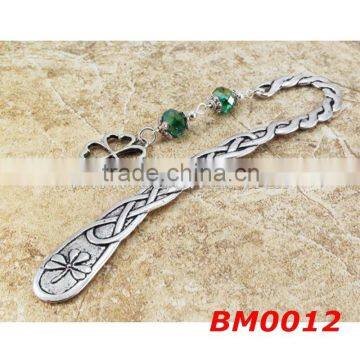 2015 hot cheap custom shape four leaf clover green beaded metal wholesale bookmark metal