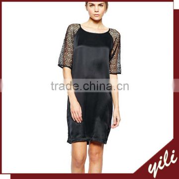 Hot Sale Lace Contrast Sleeve Pure Silk Dress