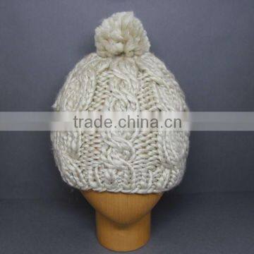 WINTER HAT/KNIT CABLE POMPOM BEANIE HAT/SKI HAT/KNIT HAT/WINTER SPORTS HAT/POMPOM HAT