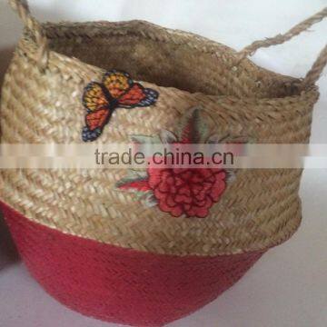 Seagrass handmade basket , natural and red dipped seagrass belly basket handmade by vietnamese