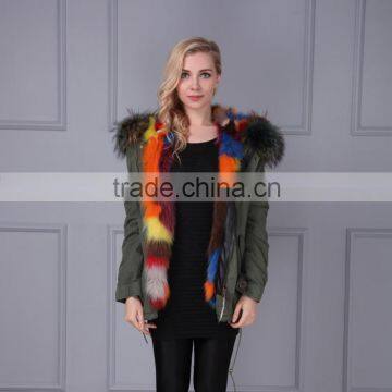 Custom Green Outer Parka with Removable Dyed Fox Belly Fur Lined Wholesale Price