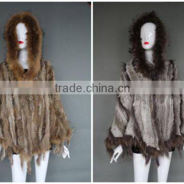 Fashion Knitted Poncho with Fur Collar/Hood Fashion ladies Shawl2016