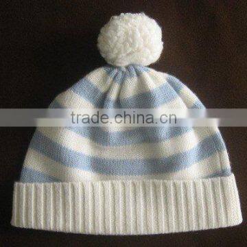 100%cashmere baby stripe knitted hat with ball