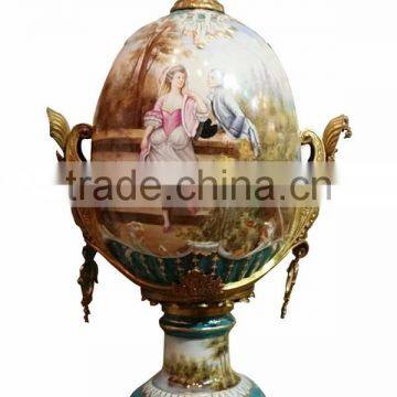 European Character Style Ceramic Egg Shaped Jar Box, Elegant Porcelain With Brass Prize Cup, Figure Design Footed Jar With Lid