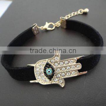 Rhinestone Inlaid Hamsa Hand Evil Eye Charm Suede Leather Bracelet photo-2