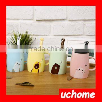UCHOME China Product! Fashion Creative Ceramic Cup With Cover With Spoon Cute Cartoon Mug