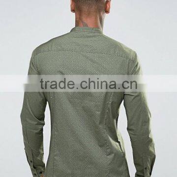 Long Sleeve Chest Pocket Grandad Collar Mens Pre-Shrunk 97% Cotton 3% Elastane Breathable Skinny Fit Casual Green Point Shirts photo-2