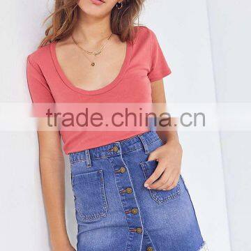 MGOO Wholesale Solid Color Scoop Neck T Shirt Woman Cotton Plain Slim Fit Short Sleeve T Shirts photo-3