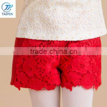 Girls Stylish Lace Embroidery Woolen Short Pants Elastic Waistband Girls Red Pants For New Yea Wear